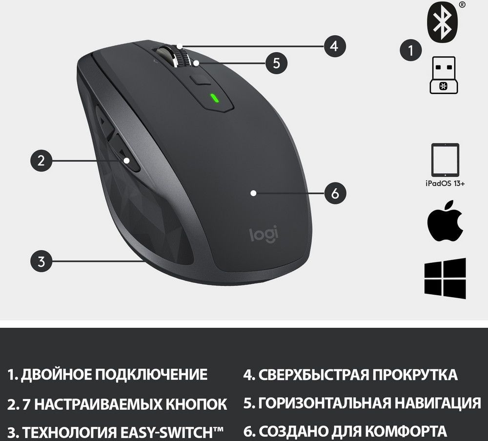 Мышь Logitech MX Anywhere 2S графитовый оптическая (4000dpi) беспроводная BT/Radio USB (7but)