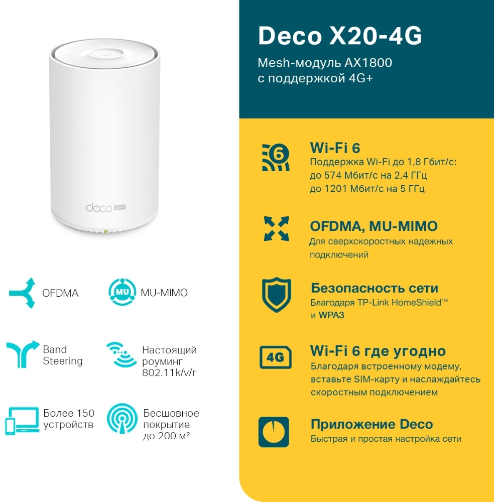 Бесшовный Mesh роутер TP-Link Deco X20-4G(1-pack) AX1800 10/100/1000BASE-TX/3G/4G/4G+ (упак.:1шт)