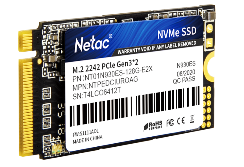 Ssd накопитель Netac SSD N930ES 128GB PCIe 3 x2 M.2 2242 NVMe 3D NAND, R/W up to 970/635MB/s, TBW 75TB, 3y wty