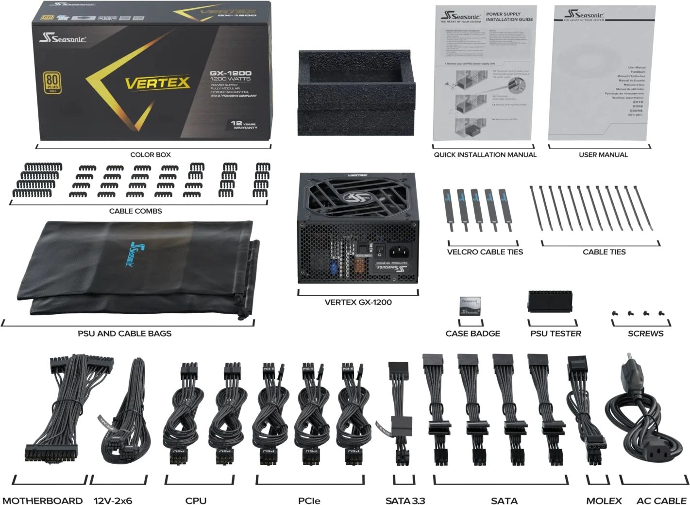 Блок питания Seasonic ATX 1200W VERTEX GX-1200 80+ gold (20+4pin) APFC 135mm fan 18xSATA Cab Manag RTL