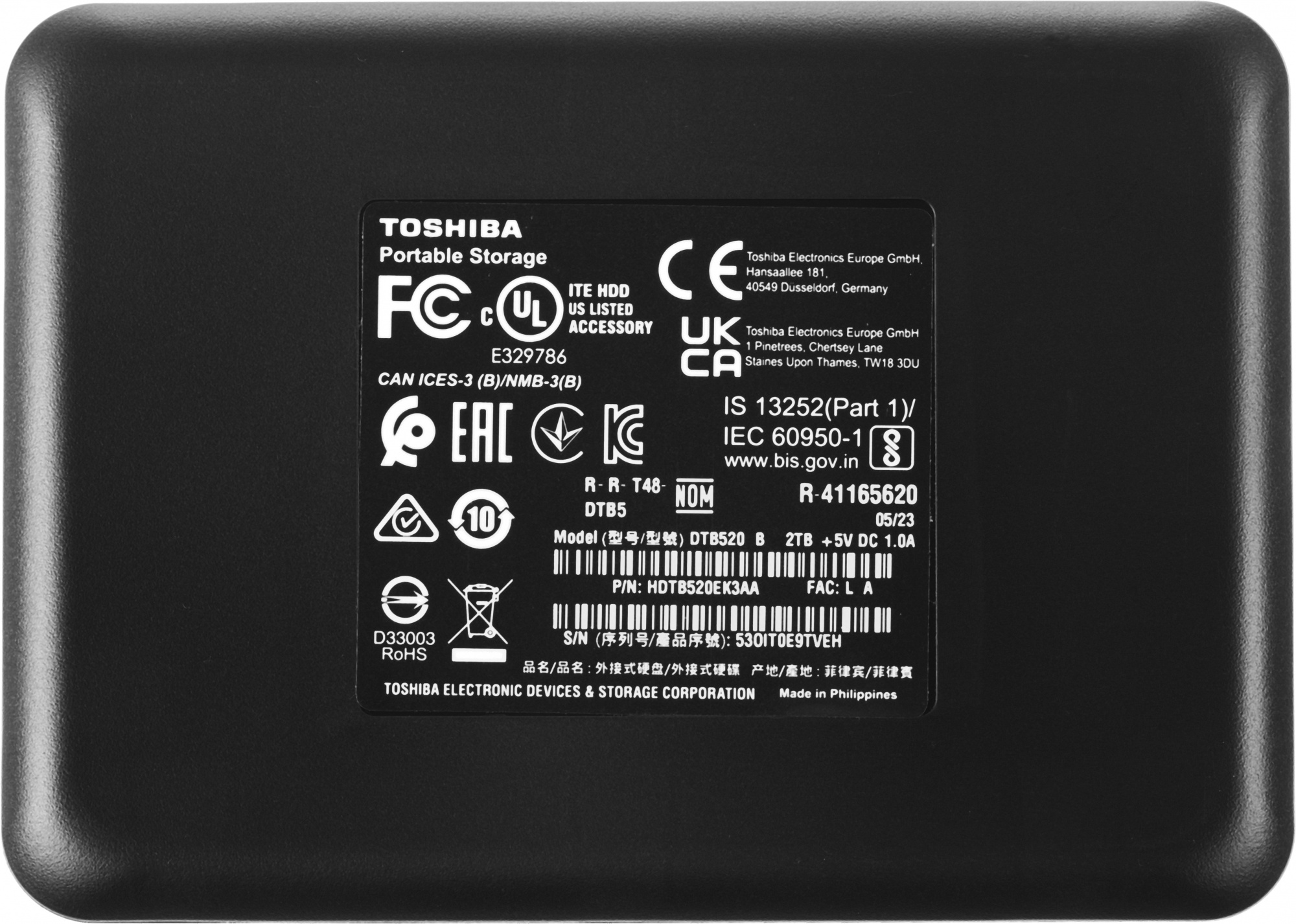 Жесткий диск Toshiba USB 3.0 2Tb HDTB520EK3AA Canvio Basics 2.5" черный