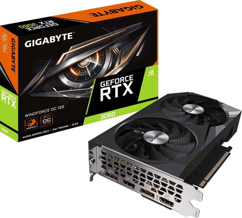 Видеокарта Gigabyte PCI-E 4.0 GV-N3060WF2OC-12GD 2.0 NVIDIA GeForce RTX 3060 12Gb 192bit GDDR6 1792/15000 HDMIx2 DPx2 HDCP Ret