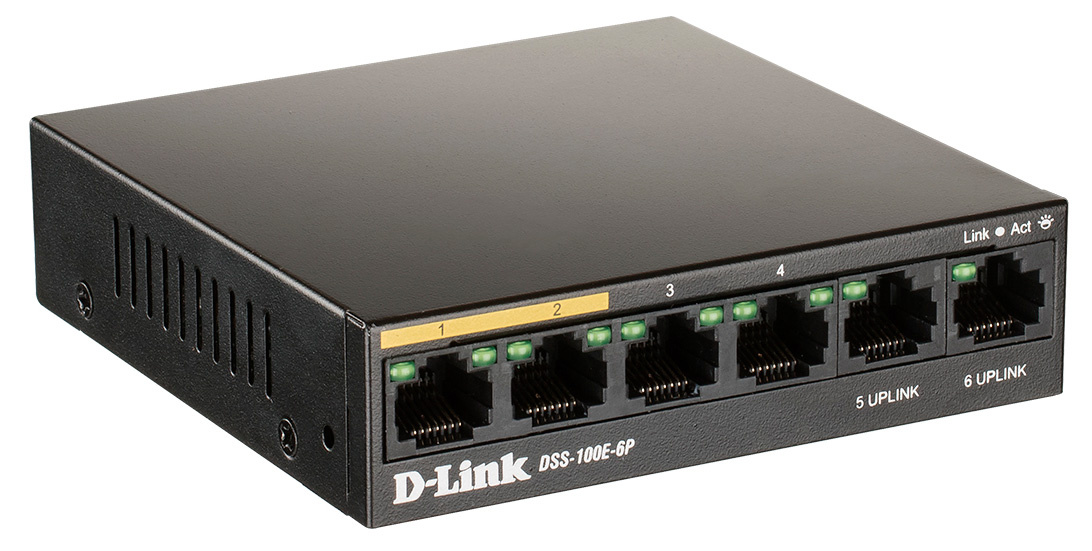 Коммутатор D-Link DSS-100E-6P/A1A 6x100Мбит/с 4PoE+ 55W неуправляемый