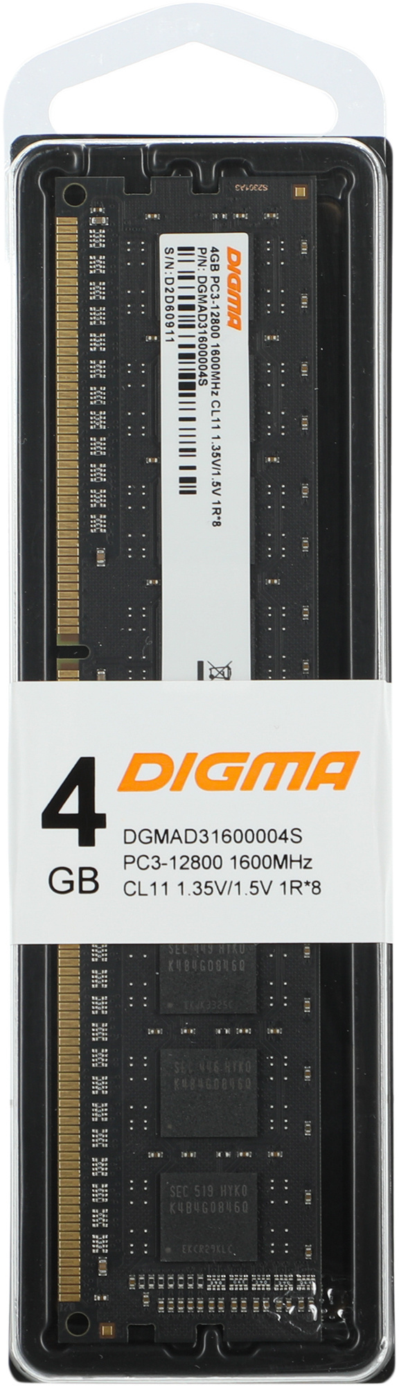 Память DDR3L 4Gb 1600MHz Digma DGMAD31600004S RTL PC3-12800 CL11 DIMM 240-pin 1.35В single rank Ret