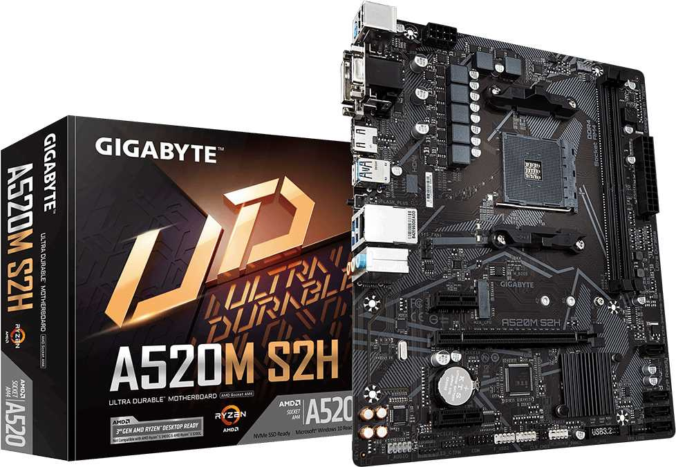 Материнская плата Gigabyte A520M S2H Soc-AM4 AMD A520 2xDDR4 mATX AC`97 8ch(7.1) GbLAN RAID+VGA+DVI+HDMI