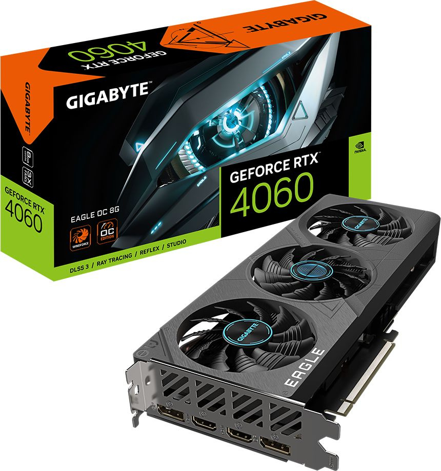 Видеокарта Gigabyte PCI-E 4.0 GV-N4060EAGLE OC-8GD NVIDIA GeForce RTX 4060 8Gb 128bit GDDR6 2505/17000 HDMIx2 DPx2 HDCP Ret