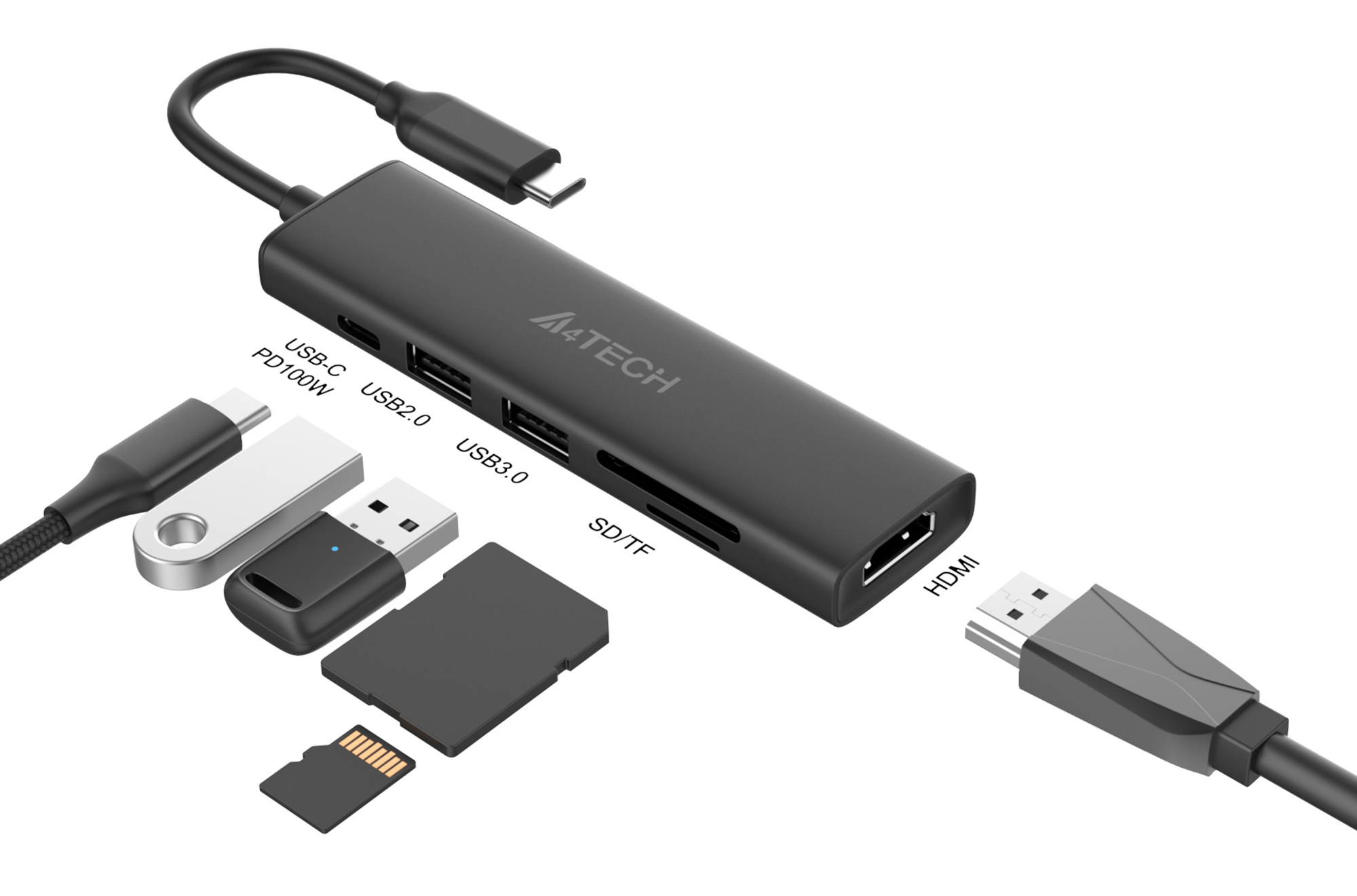 Разветвитель USB-C A4Tech DST-60C 2порт. серый