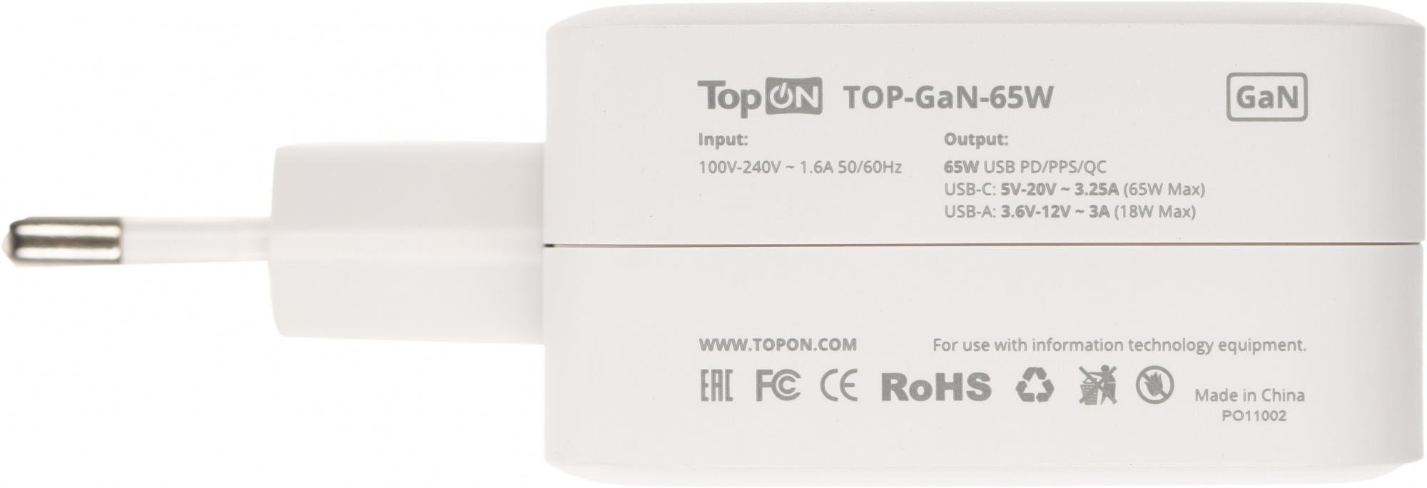 Блок питания TopON TOP-GaN-65W автоматический 65W 5V-20V 3.25A 2xUSB от бытовой электросети LED индикатор