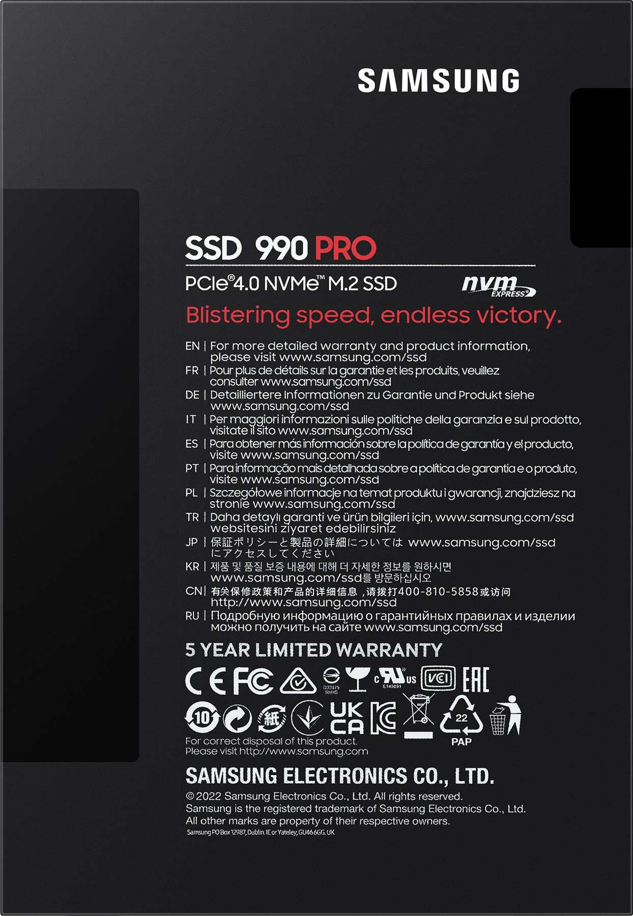 Твердотельный накопитель SSD M.2 (PCI-E NVMe 2.0 Gen 4.0 x4) 4Tb Samsung 990 PRO (R7450/W6900MB/s) 1year