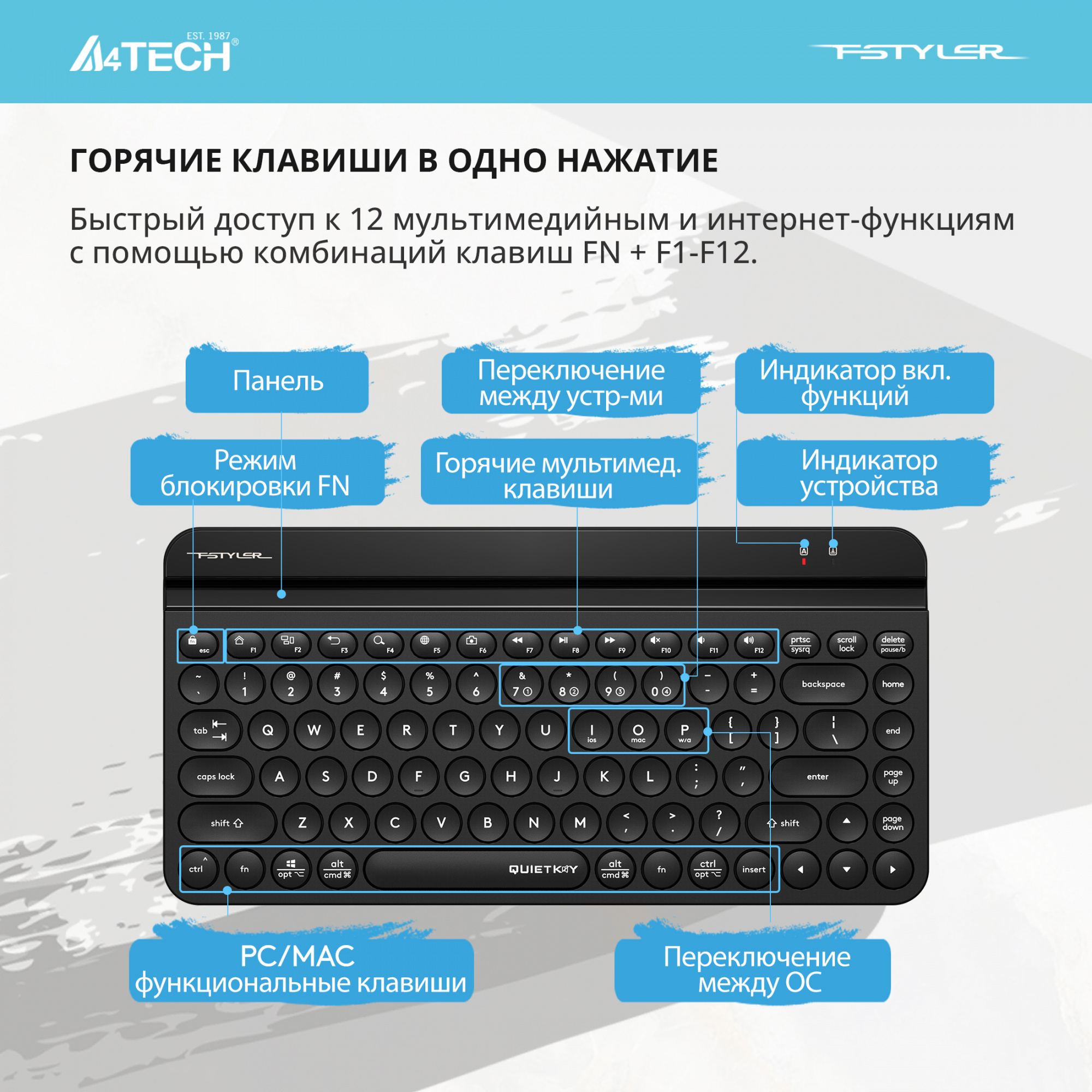 Клавиатура A4Tech Fstyler FBK30 черный USB беспроводная BT/Radio slim Multimedia (FBK30 BLACK)