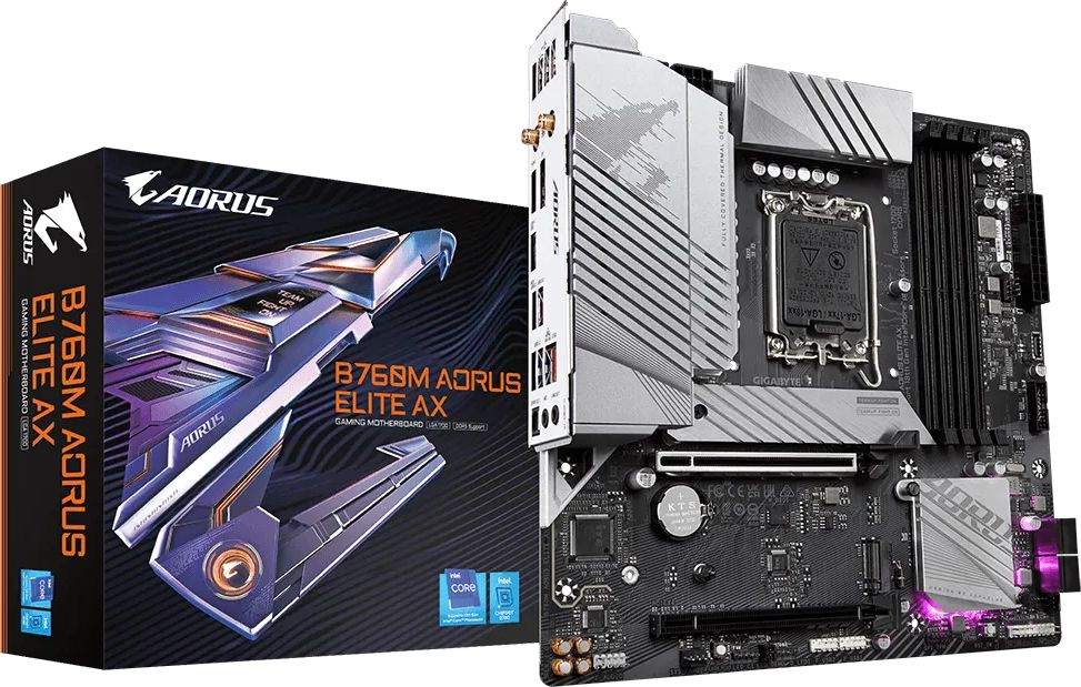 Материнская плата Gigabyte B760M AORUS ELITE AX Soc-1700 Intel B760 4xDDR5 mATX AC`97 8ch(7.1) 2.5Gg RAID+HDMI+DP