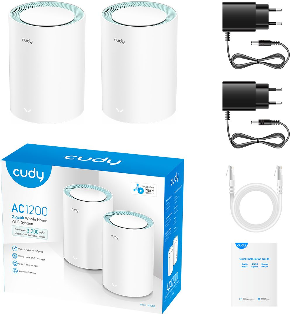 Бесшовный Mesh роутер Cudy M1300 (M1300 2-PACK) AC1200 10/100/1000BASE-TX/Wi-Fi белый (упак.:2шт)