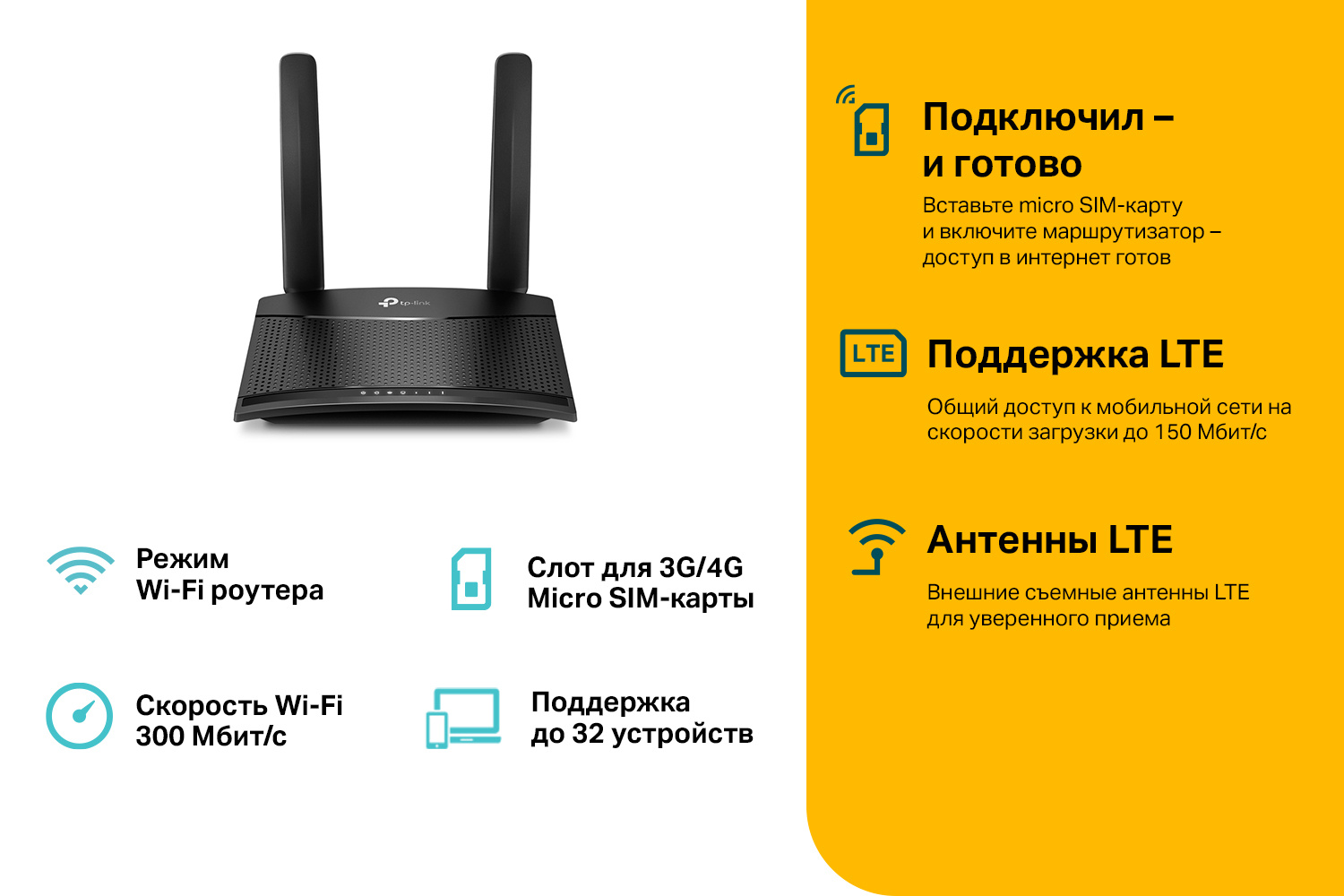 Роутер беспроводной TP-Link TL-MR100 N300 10/100BASE-TX/4G cat.4 черный