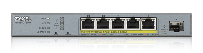 Коммутатор Zyxel GS1350-6HP-EU0101F (L2) 5x1Гбит/с 1SFP 4PoE+ 1PoE++ 60W управляемый