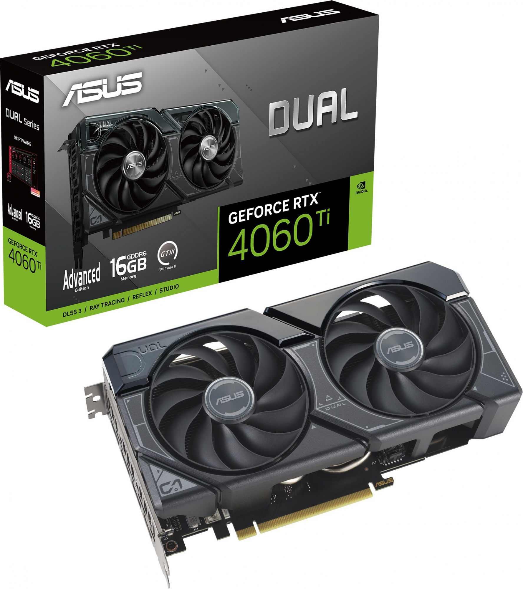 Видеокарта Asus PCI-E 4.0 DUAL-RTX4060TI-A16G NVIDIA GeForce RTX 4060TI 16Gb 128bit GDDR6 2550/18000 HDMIx1 DPx3 HDCP Ret