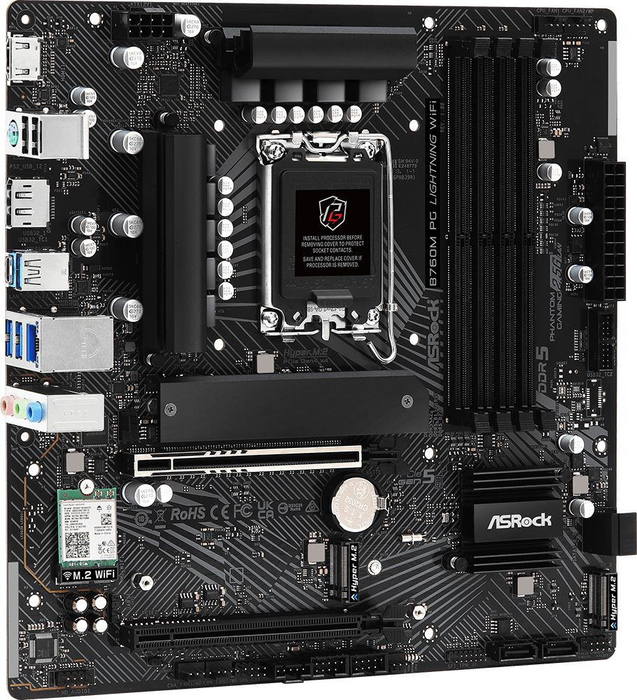 Материнская плата Asrock B760M PG LIGHTNING WIFI Soc-1700 Intel B760 4xDDR5 mATX AC`97 8ch(7.1) 2.5Gg RAID+HDMI+DP