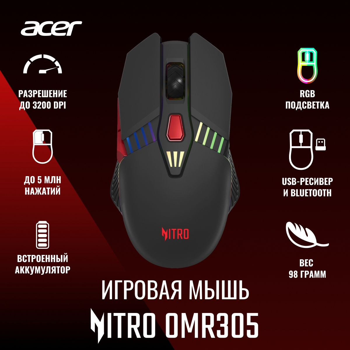 Мышь Acer Nitro OMR305 черный оптическая (3200dpi) беспроводная BT/Radio USB (6but)