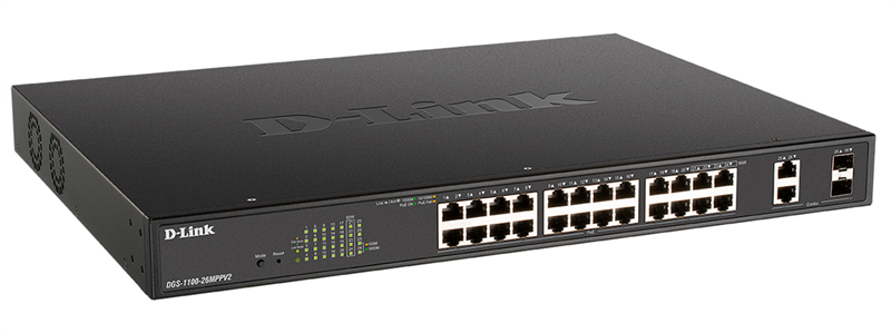 Коммутатор D-Link DGS-1100-26MPPV2/A3A (L2) 24x1Гбит/с 2xКомбо(1000BASE-T/SFP) 2SFP 24PoE 90W управляемый