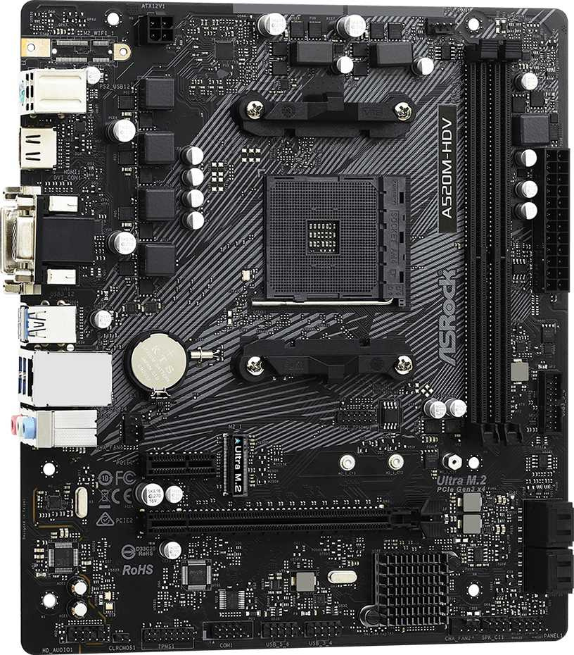 Материнская плата Asrock A520M-HDV Soc-AM4 AMD A520 2xDDR4 mATX AC`97 8ch(7.1) GbLAN RAID+VGA+DVI+HDMI