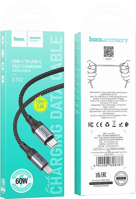 Кабель Hoco X102 Fresh Type-C to Type-C USB Type-C (m)-USB Type-C (m) 1м черный коробка