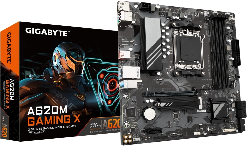 A620M GAMING X, Socket AM5, AMD A620, 4xDDR5-5200, HDMI+DP, 1xPCI-Ex16, 1xPCI-Ex1, 4xSATA3(RAID 0/1/10), 1xM.2, 8 Ch Audio, GLan, (2+2)xUSB2.0, (3+2)xUSB3.2, (1+1)xUSB3.2 Type-C™, 1xPS/2, mATX, RTL