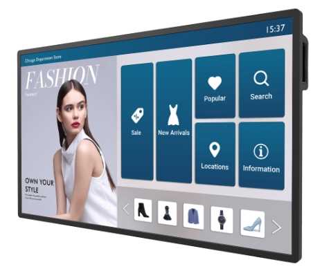 Информационный дисплей 43'' 16:9 3840x2160(UHD 4K) IPS, TOUCH, 40-touch point, 60 Hz, 400cd/m2, H178°/V178°, 1200:1, 1.07B, 8ms, VGA, 3xHDMI, DP, RJ-45,  2xUSB Type A, 2xUSB Type B, Speakers, Android 8, 18/7, 3Y, Black