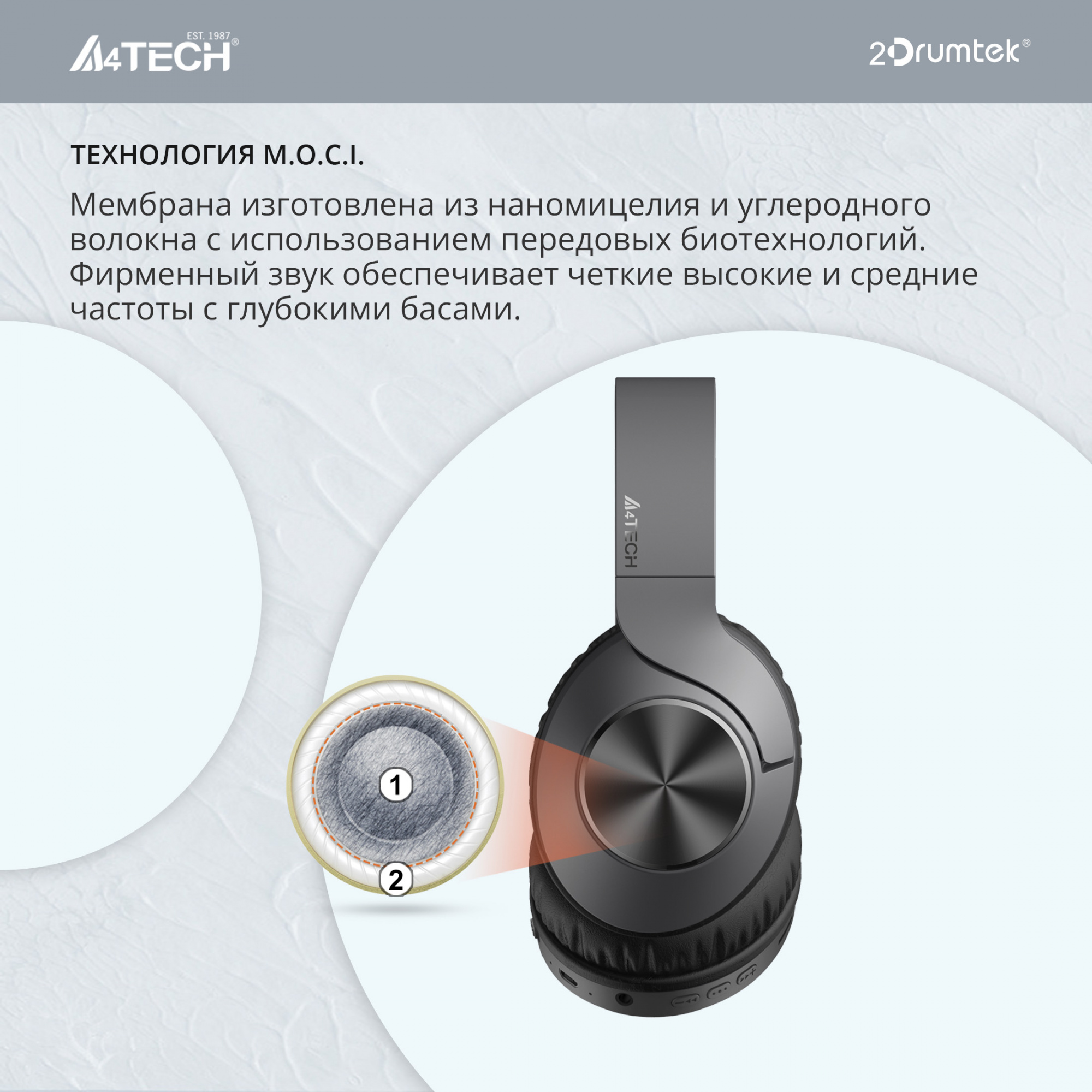 Наушники мониторные A4Tech 2Drumtek BH300 1м черный беспроводные bluetooth оголовье (BH300 ASH GREY)