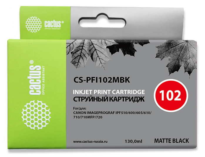 Картридж струйный Cactus CS-PFI102MBK PFI-102MBK черный матовый (130мл) для Canon iPF500/iPF600/iPF700/ MFP M40/iPF765/LP17/LP24