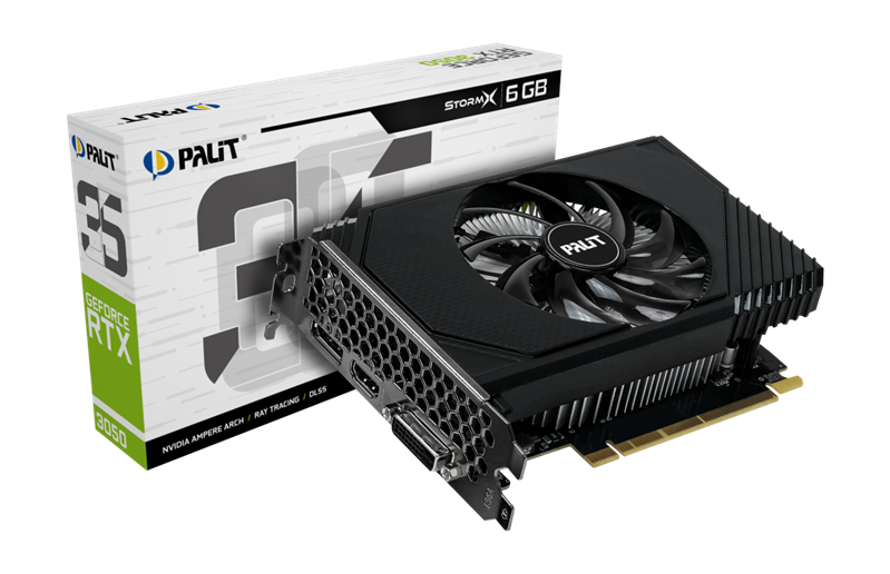 Видеокарта Palit PCI-E 4.0 RTX3050 STORMX NVIDIA GeForce RTX 3050 6Gb 96bit GDDR6 1042/14000 DVIx1 HDMIx1 DPx1 HDCP Ret