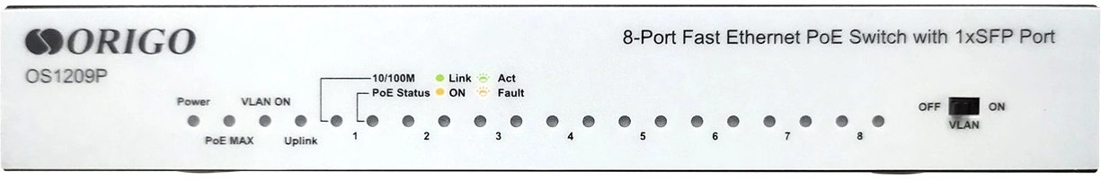 Коммутатор Origo OS1209P/80W OS1209P/80W/A1A (L2) 8x100Мбит/с 1SFP 8PoE 80W неуправляемый