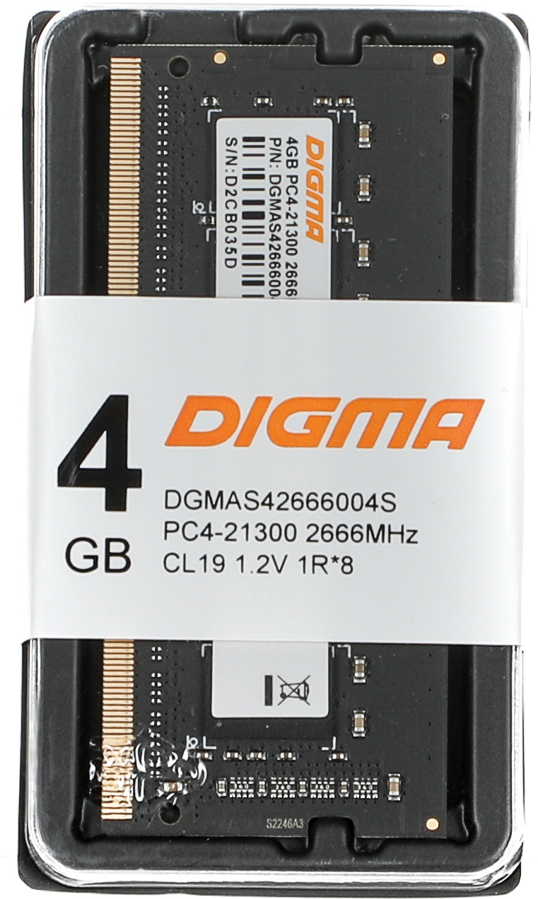 Память DDR4 4Gb 2666MHz Digma DGMAS42666004S RTL PC4-21300 CL19 SO-DIMM 260-pin 1.2В single rank Ret