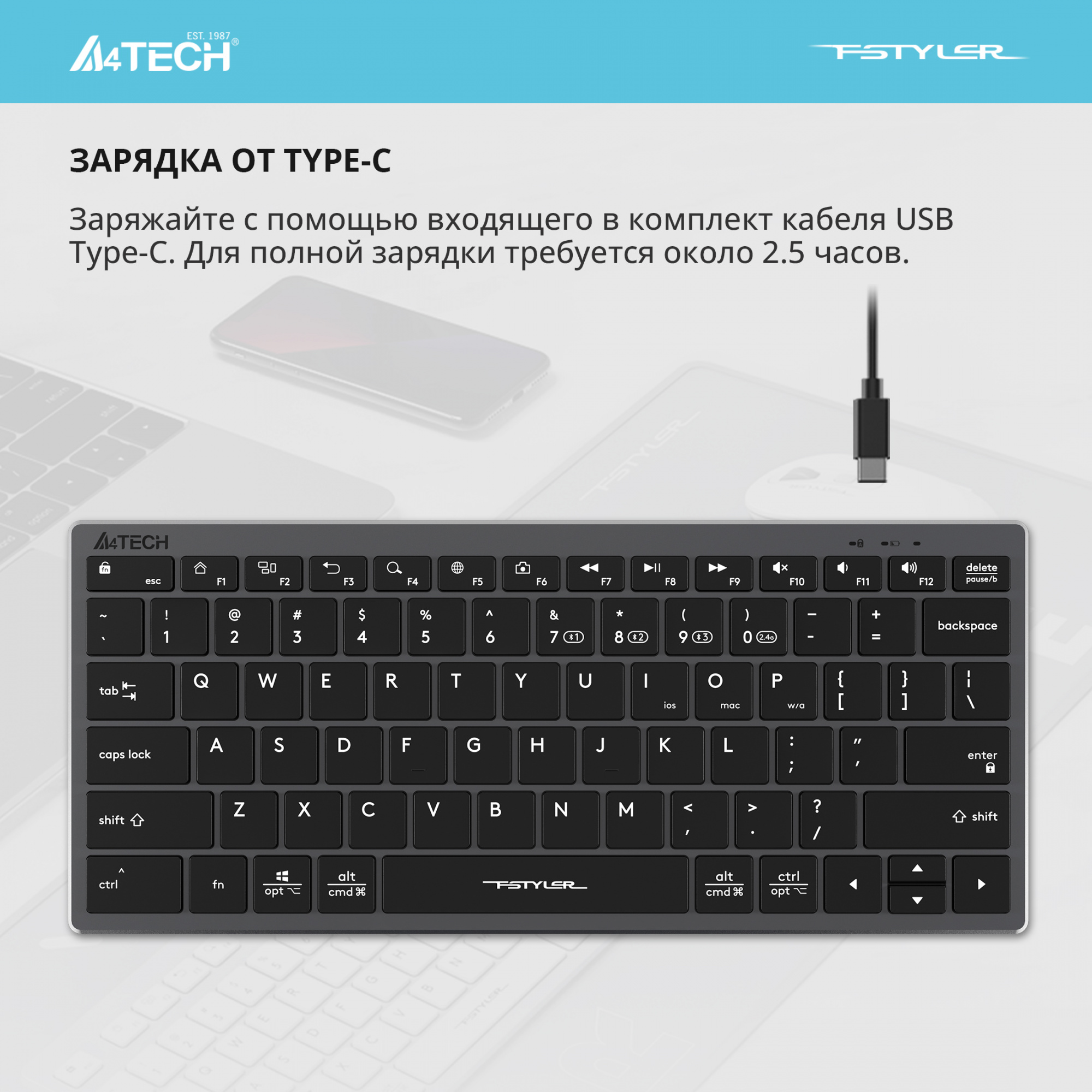 Клавиатура A4Tech Fstyler FBX51C серый USB беспроводная BT/Radio slim Multimedia (FBX51C GREY)