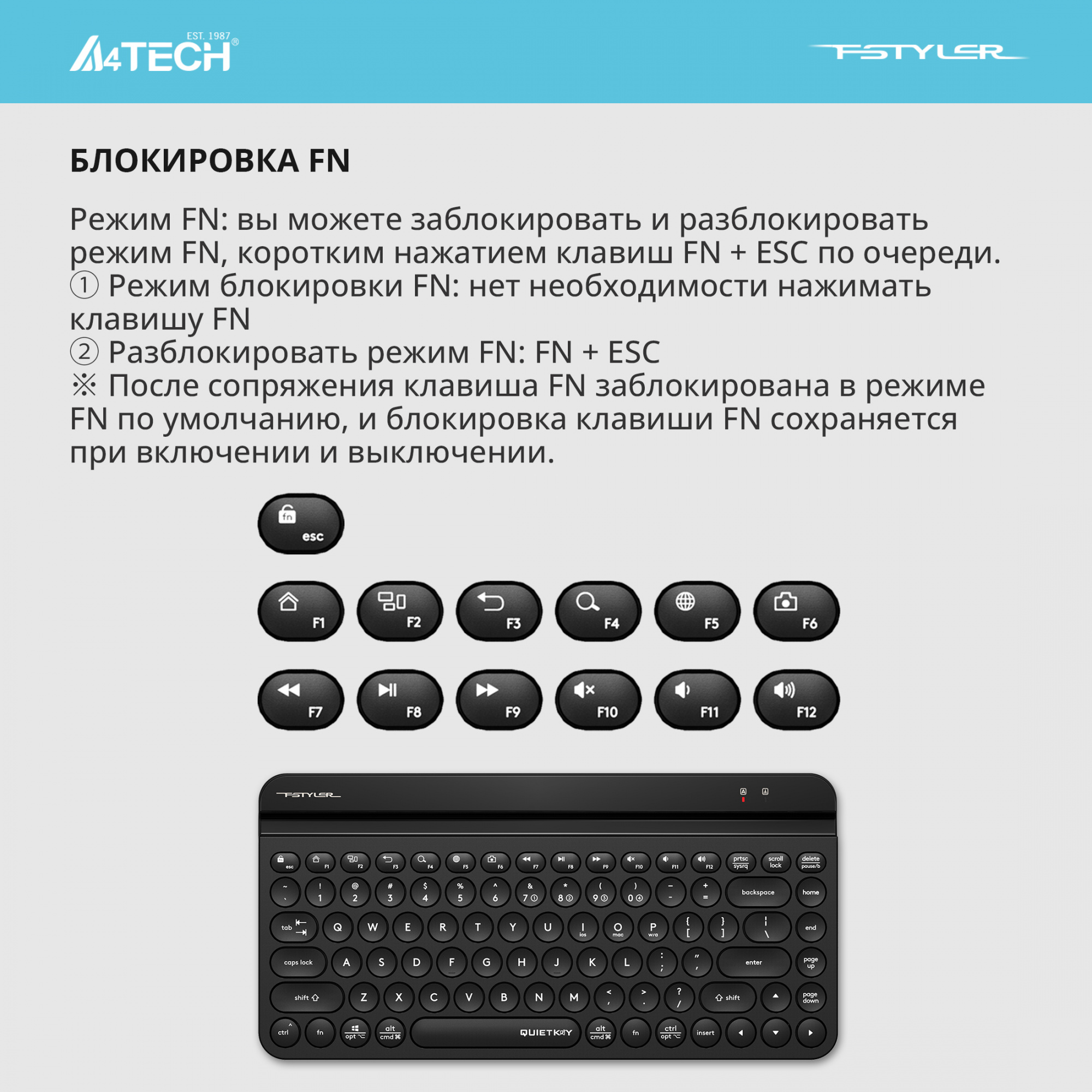 Клавиатура A4Tech Fstyler FBK30 черный USB беспроводная BT/Radio slim Multimedia (FBK30 BLACK)