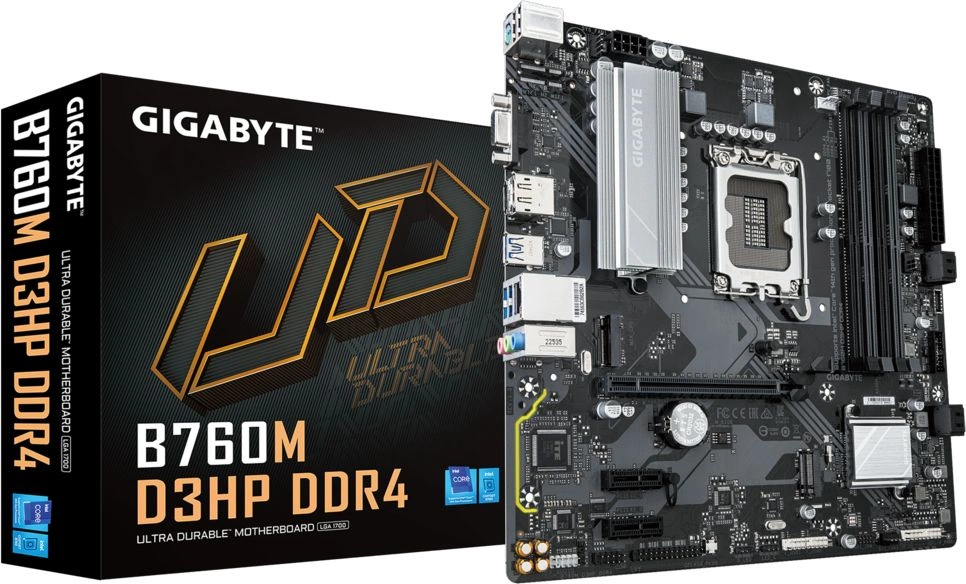 Материнская плата Gigabyte B760M D3HP DDR4 Soc-1700 Intel B760 4xDDR4 mATX AC`97 8ch(7.1) GbLAN RAID+VGA+HDMI+DP