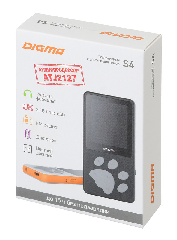 Плеер Hi-Fi Flash Digma S4 8Gb белый/оранжевый/1.8"/FM/microSDHC