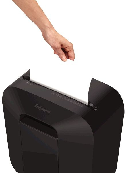 Шредер Fellowes PowerShred LX25 черный (секр.P-4) перекрестный 6лист. 11.5лтр. скрепки скобы пл.карты