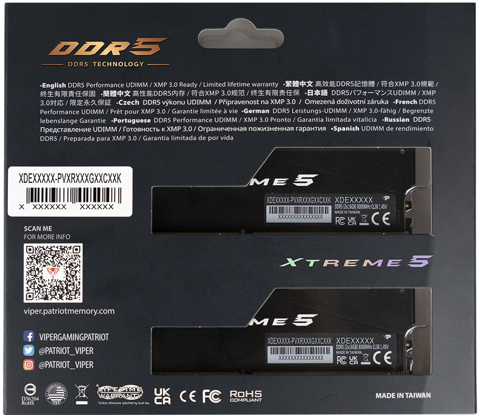 Память DDR5 2x16Gb 8000MHz Patriot PVXR532G80C38K Viper Xtreme 5 RGB RTL Gaming PC5-64000 CL38 DIMM 288-pin 1.45В с радиатором Ret