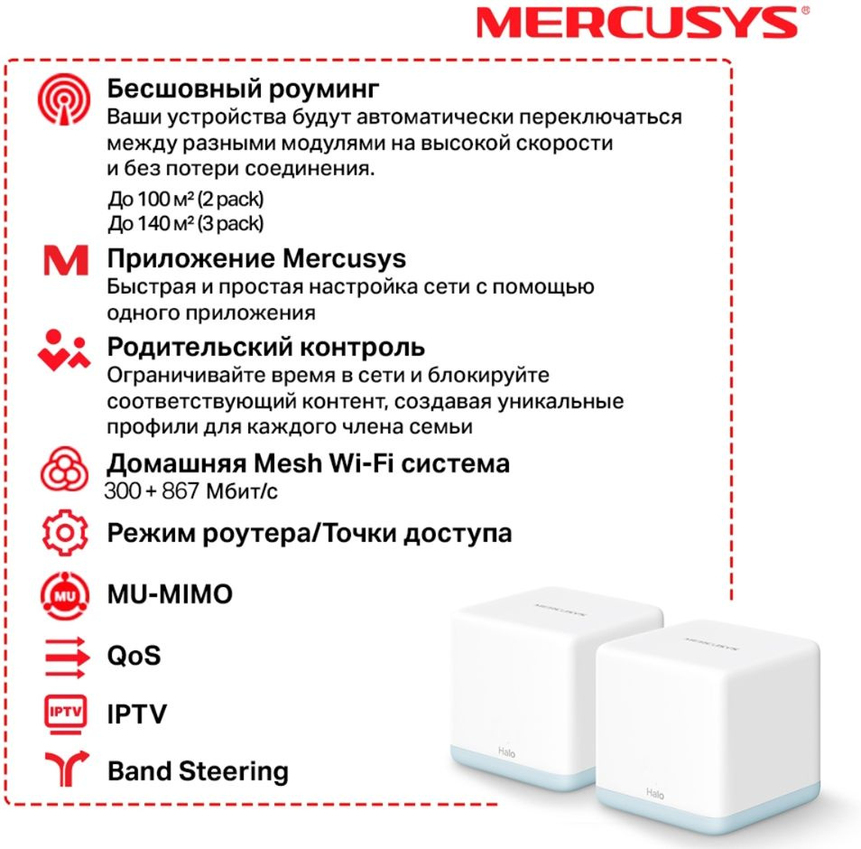 Бесшовный Mesh роутер Mercusys Halo H30(2-pack) AC1200 10/100BASE-TX компл.:устройство/крепления/адаптер белый (упак.:2шт)