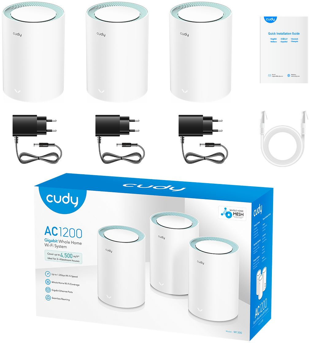 Бесшовный Mesh роутер Cudy M1300 (M1300 3-PACK) AC1200 10/100/1000BASE-TX/Wi-Fi белый (упак.:3шт)