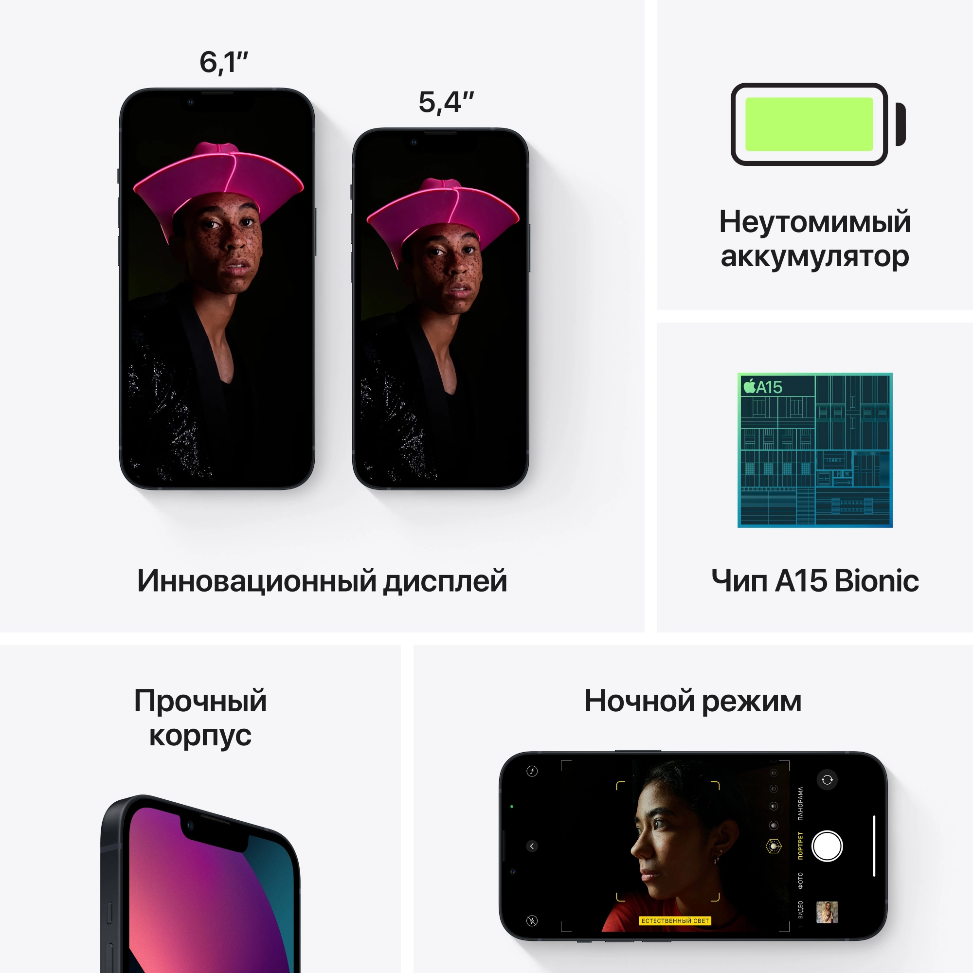 Смартфон Apple A2633 iPhone 13 128Gb 4Gb темная ночь моноблок 3G 4G 1Sim 6.1" 1170x2532 iOS 16 12Mpix 802.11 a/b/g/n/ac/ax NFC GPS GSM900/1800 GSM1900 TouchSc Protect