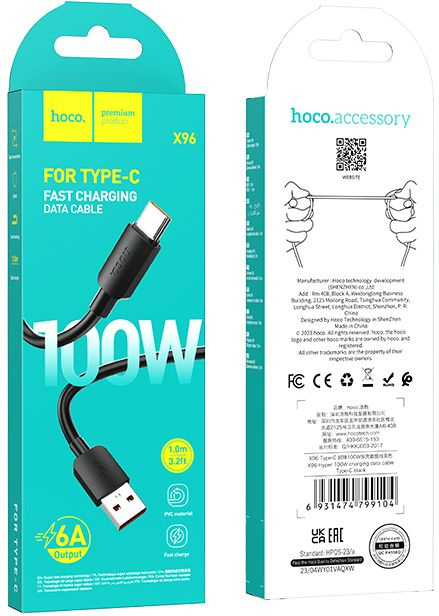 Кабель Hoco X96 Hyper X96 HYPER 100W TYPE-C USB (m)-USB Type-C (m) 1м черный коробка