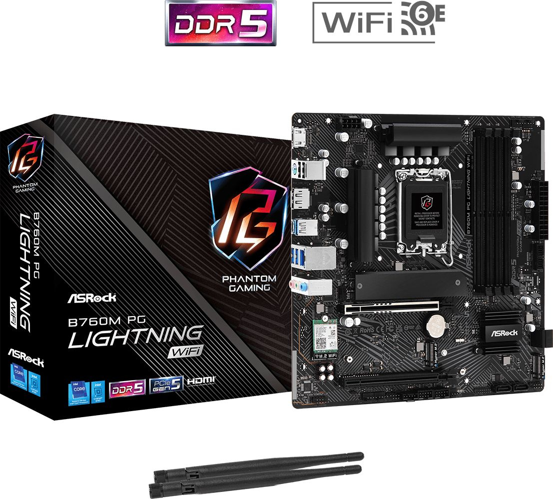 Материнская плата Asrock B760M PG LIGHTNING WIFI Soc-1700 Intel B760 4xDDR5 mATX AC`97 8ch(7.1) 2.5Gg RAID+HDMI+DP