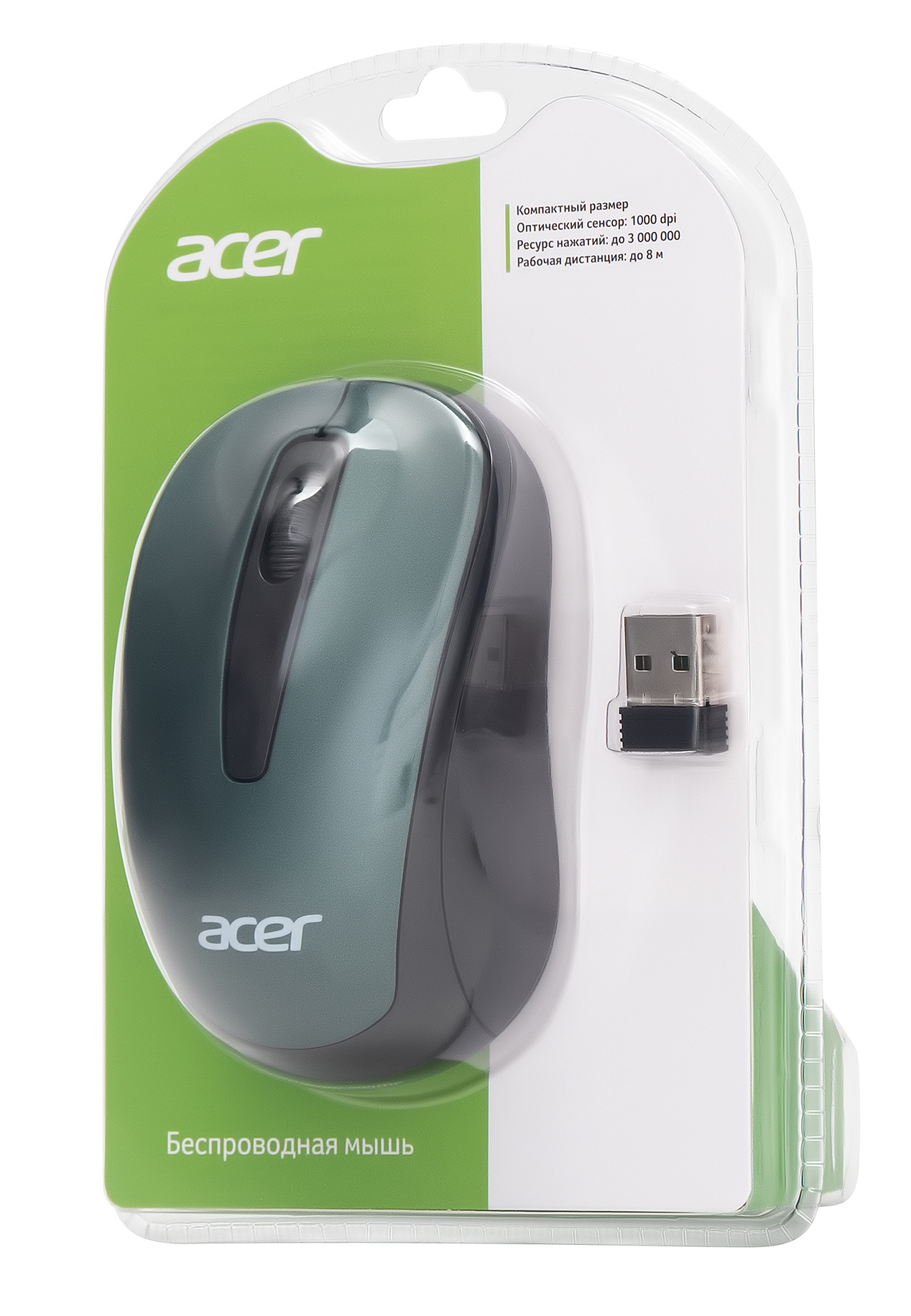 Мышь Acer OMR135 зеленый оптическая (1000dpi) беспроводная USB для ноутбука (2but)