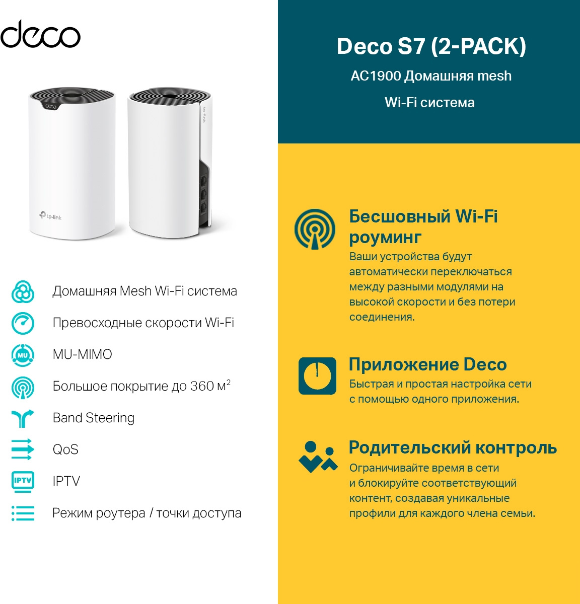 Бесшовный Mesh роутер TP-Link Deco S7(2-pack) AC1900 10/100/1000BASE-TX белый (упак.:2шт)