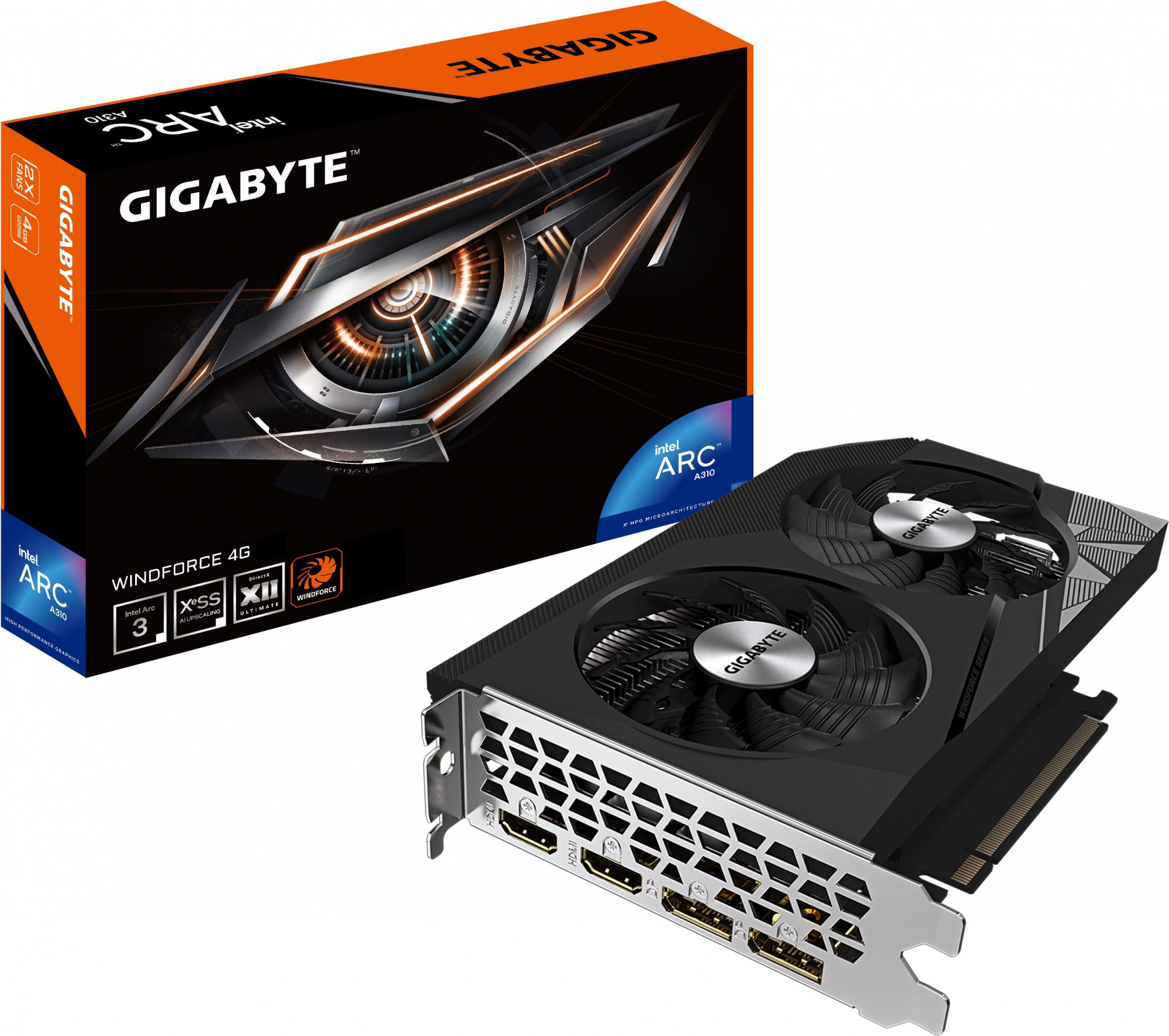 Видеокарта Gigabyte PCI-E 4.0 GV-IA310WF2-4GD INTEL ARC A310 4Gb 64bit GDDR6 2000/15500 HDMIx2 DPx2 HDCP Ret