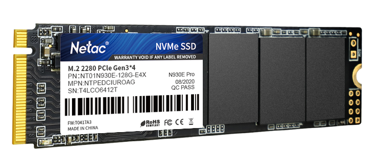 Ssd накопитель Netac SSD N930E Pro 128GB PCIe 3 x4 M.2 2280 NVMe 3D NAND, R/W up to 970/650MB/s, TBW 75TB, 3y wty