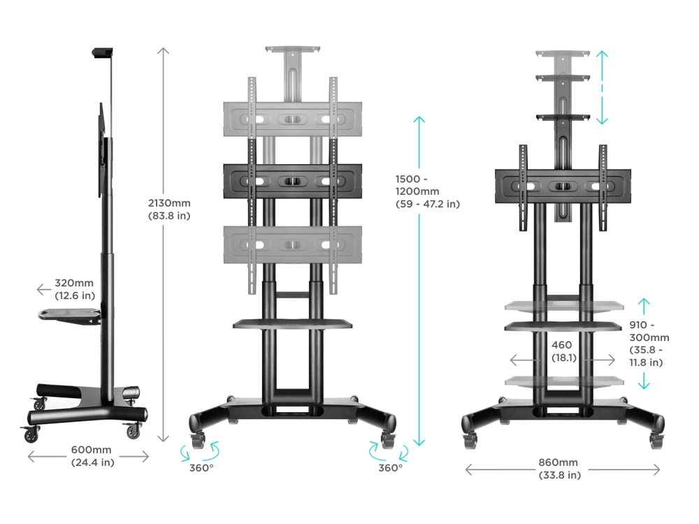 ONKRON стойка для телевизора с кронштейном 40"-70", мобильная, чёрная