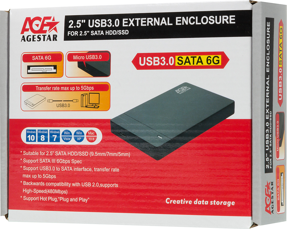 Внешний корпус для HDD/SSD AgeStar 3UB2P3 SATA III USB3.0 пластик черный 2.5"