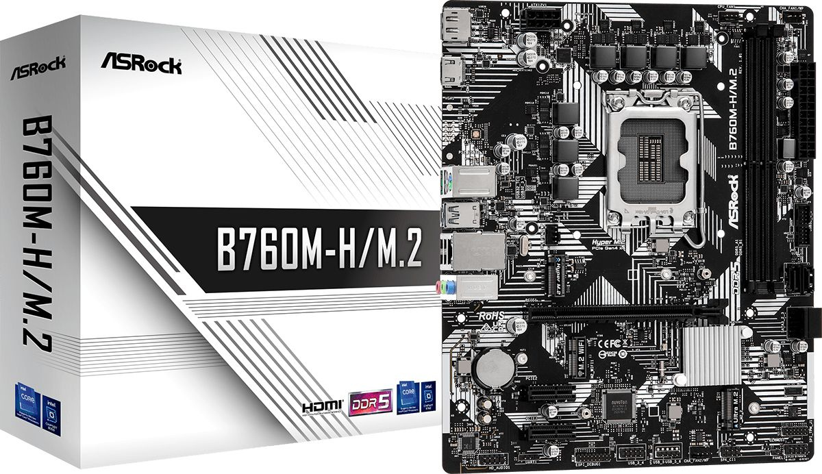 Материнская плата Asrock B760M-H/M.2 Soc-1700 Intel B760 2xDDR5 mATX AC`97 8ch(7.1) GbLAN RAID+HDMI+DP