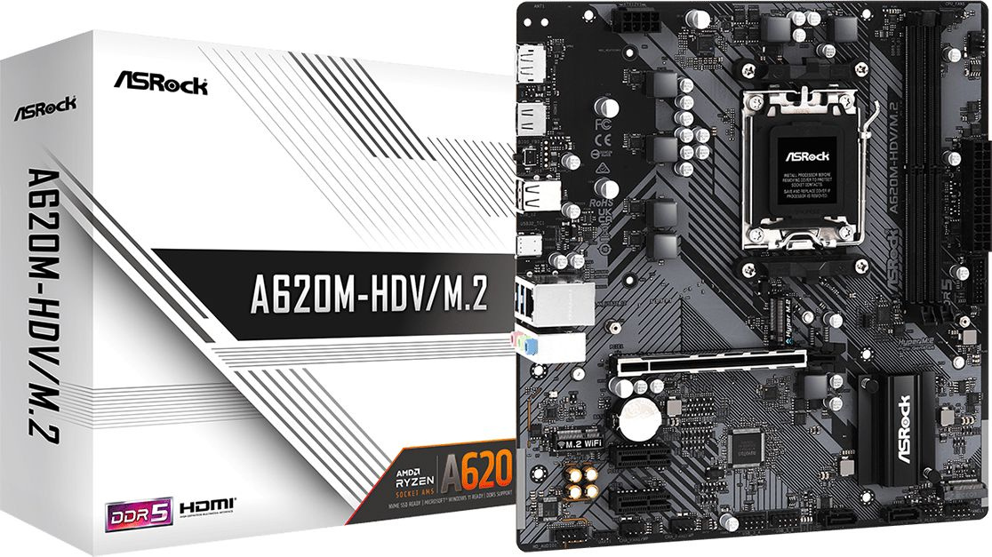 Материнская плата Asrock A620M-HDV/M.2 SocketAM5 AMD A620 2xDDR5 mATX AC`97 8ch(7.1) GbLAN RAID+HDMI+DP